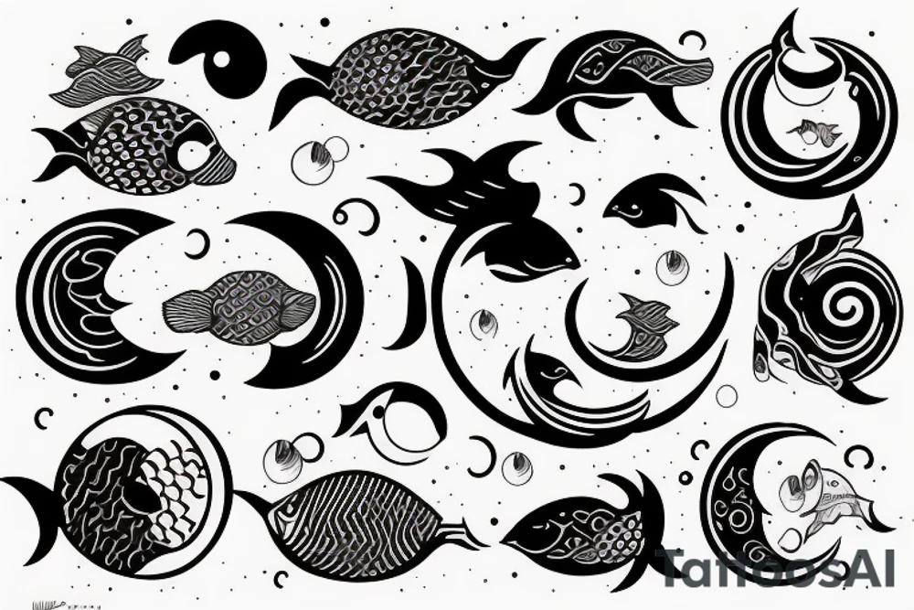 Yin Yang fish swimming around a moon tattoo idea