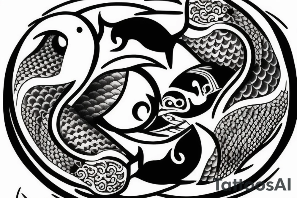 Yin Yang fish swimming around a moon tattoo idea