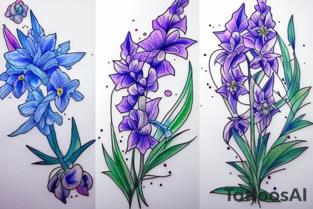 Two stems of blue delphinium tattoo idea