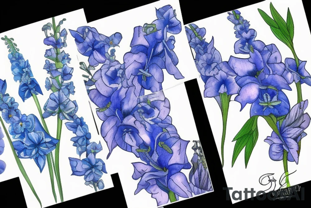 Two stems of blue delphinium tattoo idea