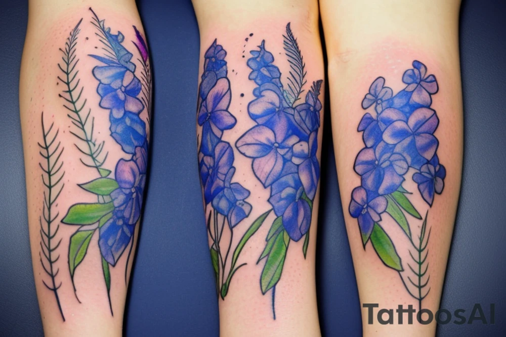 Two stems of blue delphinium tattoo idea