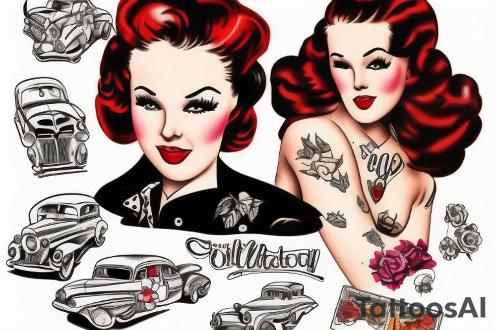 Pin up girl on a vintage car tattoo idea