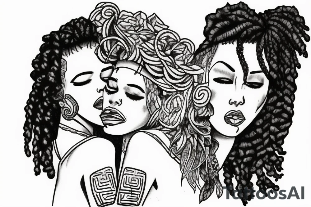 Lesbian with locs kissing tattoo idea