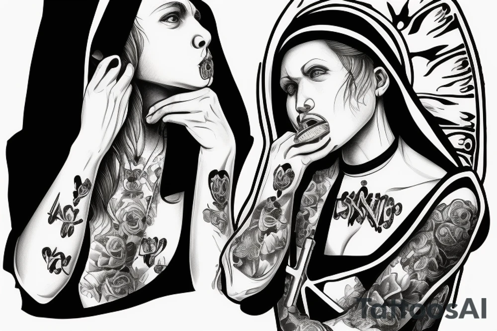 A side profile of a beautiful nun on her knees distraught beyond belief and holding a 9mm pistol in her mouth tattoo idea