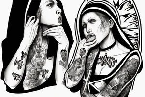 A side profile of a beautiful nun on her knees distraught beyond belief and holding a 9mm pistol in her mouth tattoo idea