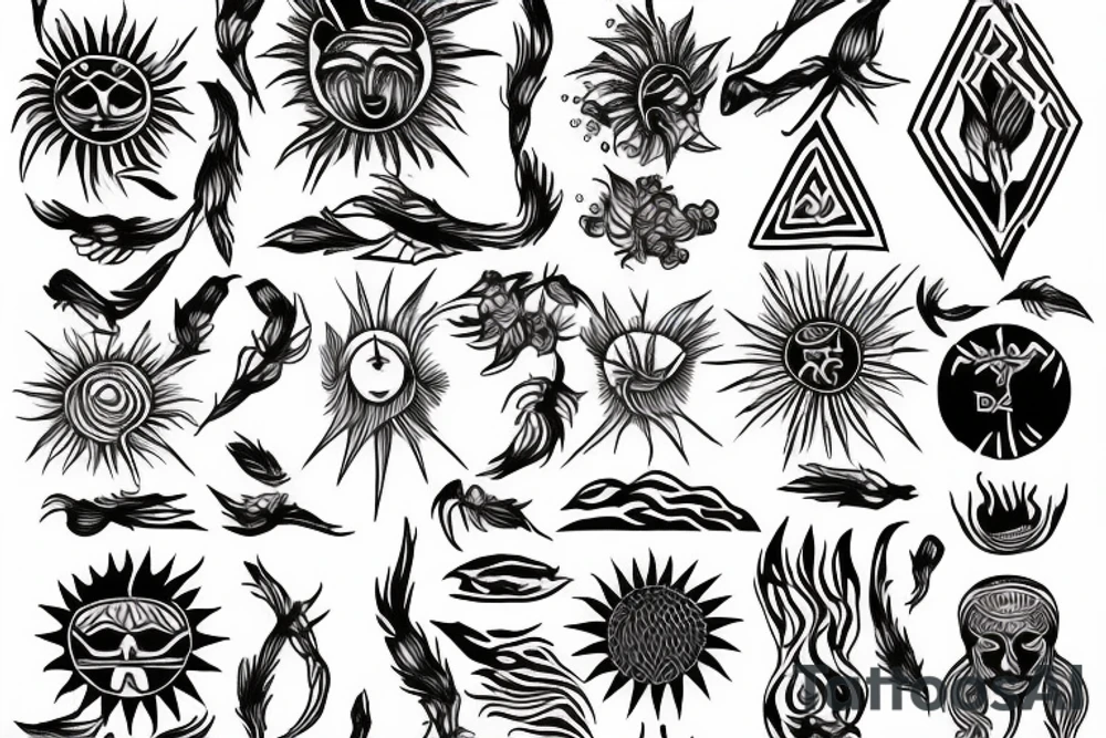 Sun soil water fire harvest yield agriculture nature tribal Bulgarian tattoo idea