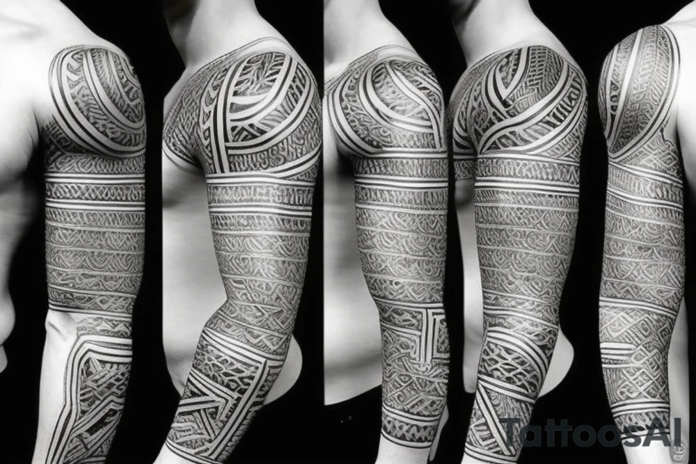 Full sleeve tribal tattoo with pectoral plate tattoo idea