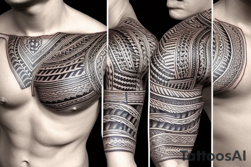 Full sleeve tribal tattoo with pectoral plate with nipple tattooed tattoo idea