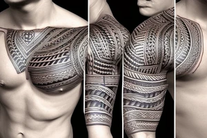 Full sleeve tribal tattoo with pectoral plate with nipple tattooed tattoo idea
