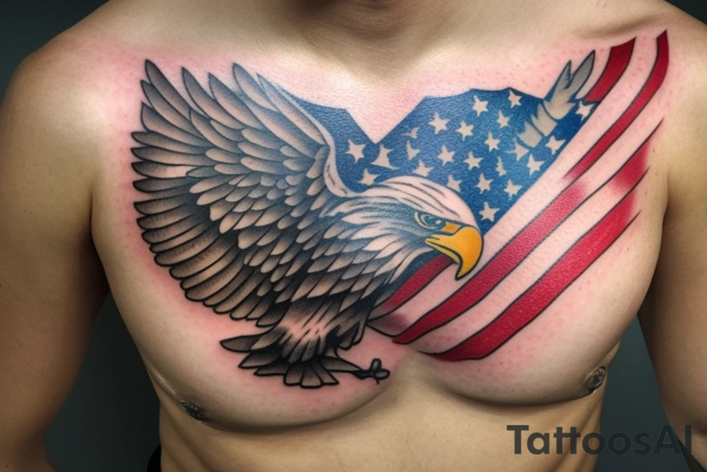 Full chest eagle with flag American traditional with tattooed nipples tattoo idea