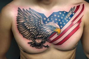 Full chest eagle with flag American traditional with tattooed nipples tattoo idea