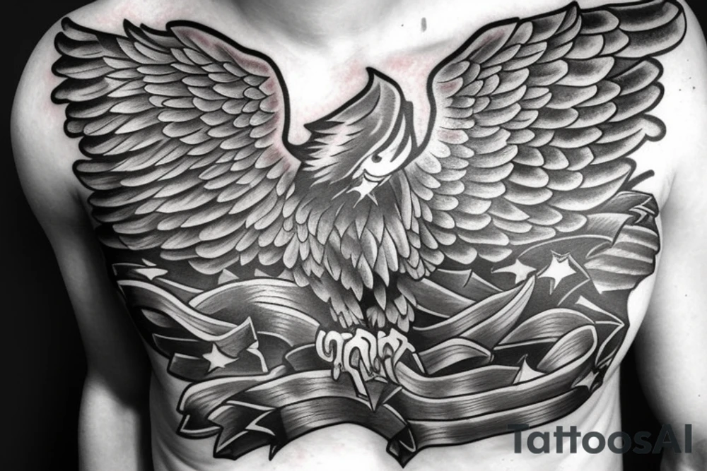 Full chest eagle with flag American traditional with tattooed nipples tattoo idea