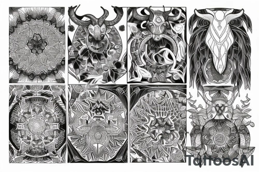 Kaleidoscope patterns, ram with long horns, linden leaves tattoo idea