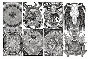 Kaleidoscope patterns, ram with long horns, linden leaves tattoo idea