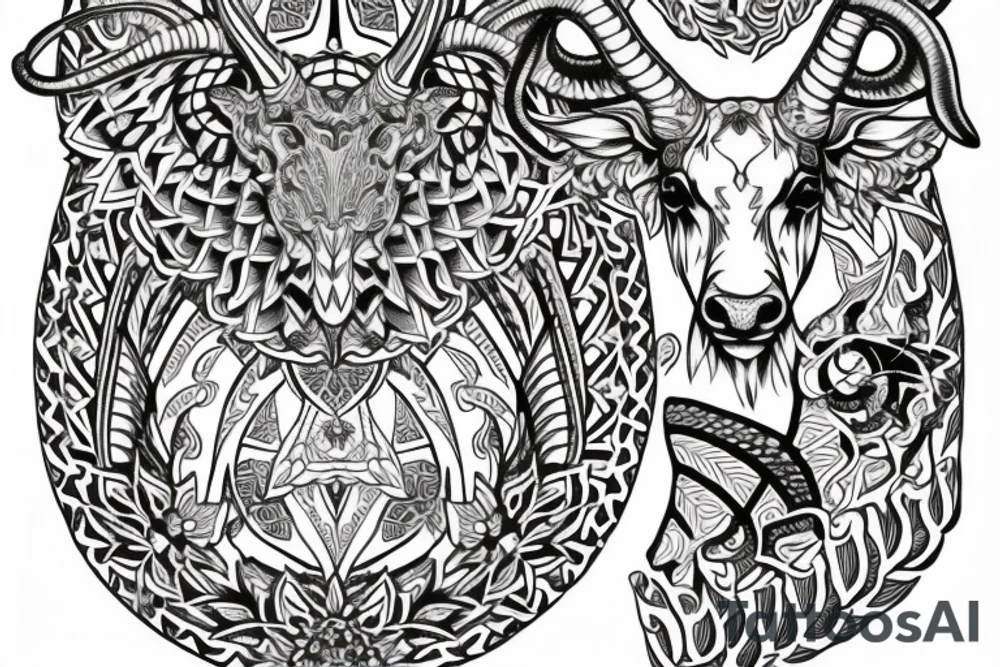 Kaleidoscope patterns, ram with long horns, linden leaves tattoo idea