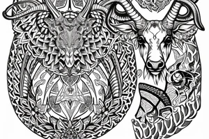 Kaleidoscope patterns, ram with long horns, linden leaves tattoo idea