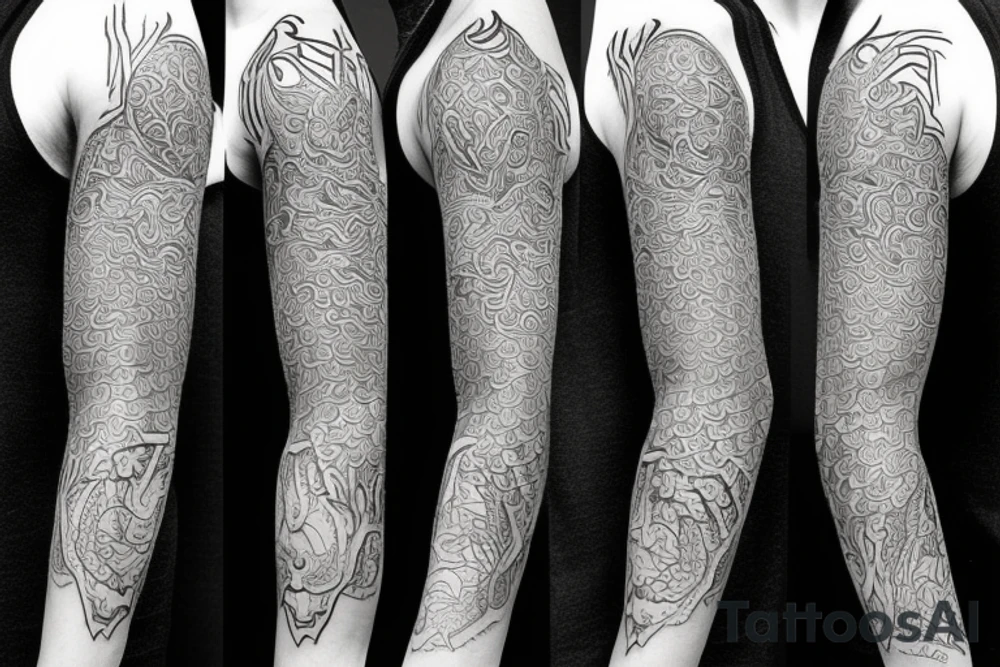 Full arm sleeve tattoo, kaleidoscope patterns with linden leaves and letters, a ram with long horns that turn into a dragon tattoo idea