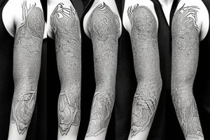 Full arm sleeve tattoo, kaleidoscope patterns with linden leaves and letters, a ram with long horns that turn into a dragon tattoo idea