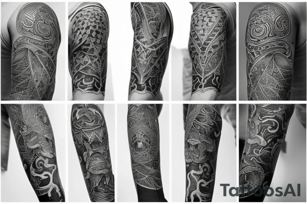 Full arm sleeve tattoo, kaleidoscope patterns with linden leaves and letters, a ram with long horns that turn into a dragon tattoo idea