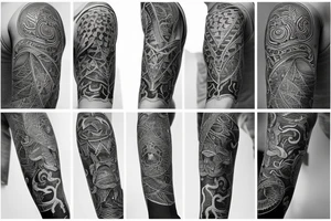 Full arm sleeve tattoo, kaleidoscope patterns with linden leaves and letters, a ram with long horns that turn into a dragon tattoo idea