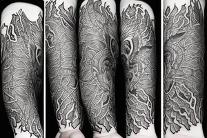 Full arm sleeve tattoo, kaleidoscope patterns with linden leaves and letters, a ram with long horns that turn into a dragon tattoo idea