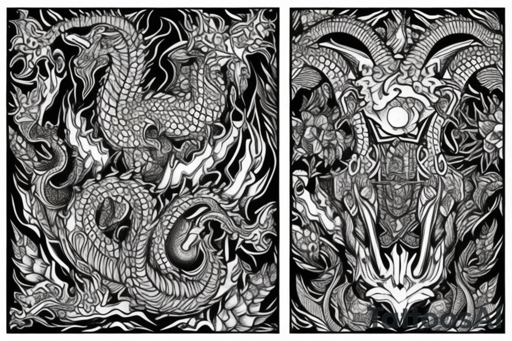 Full arm sleeve tattoo, kaleidoscope patterns with linden leaves and letters, a ram with long horns that turn into a dragon tattoo idea
