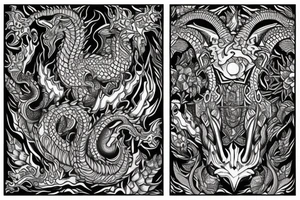 Full arm sleeve tattoo, kaleidoscope patterns with linden leaves and letters, a ram with long horns that turn into a dragon tattoo idea
