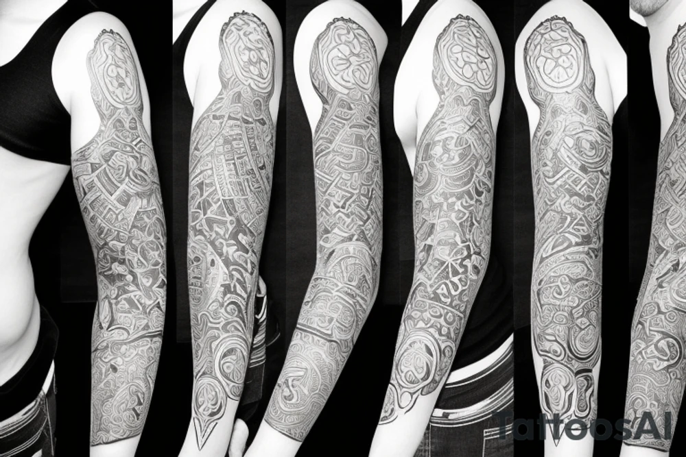 Full arm sleeve tattoo, kaleidoscope patterns with linden leaves and letters, a ram with long horns that turn into a dragon tattoo idea