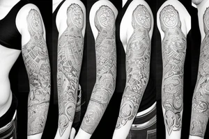 Full arm sleeve tattoo, kaleidoscope patterns with linden leaves and letters, a ram with long horns that turn into a dragon tattoo idea