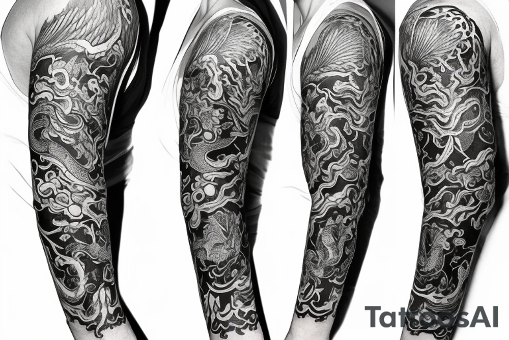 Full arm sleeve tattoo, kaleidoscope patterns with linden leaves and letters, a ram with long horns that turn into a dragon tattoo idea