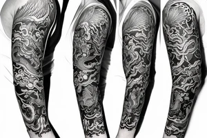 Full arm sleeve tattoo, kaleidoscope patterns with linden leaves and letters, a ram with long horns that turn into a dragon tattoo idea