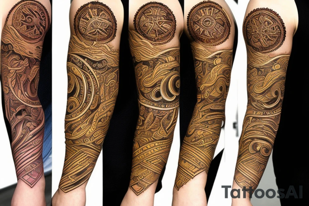 Slavic land soil sun water wind fire sleeve tattoo idea