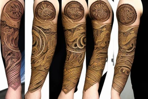 Slavic land soil sun water wind fire sleeve tattoo idea