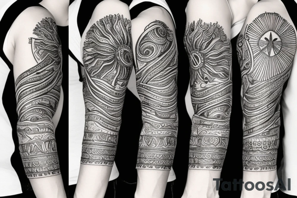 Slavic land soil sun water wind fire sleeve tattoo idea