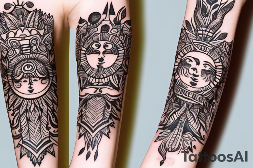 Slavic land soil sun water wind fire sleeve tattoo idea