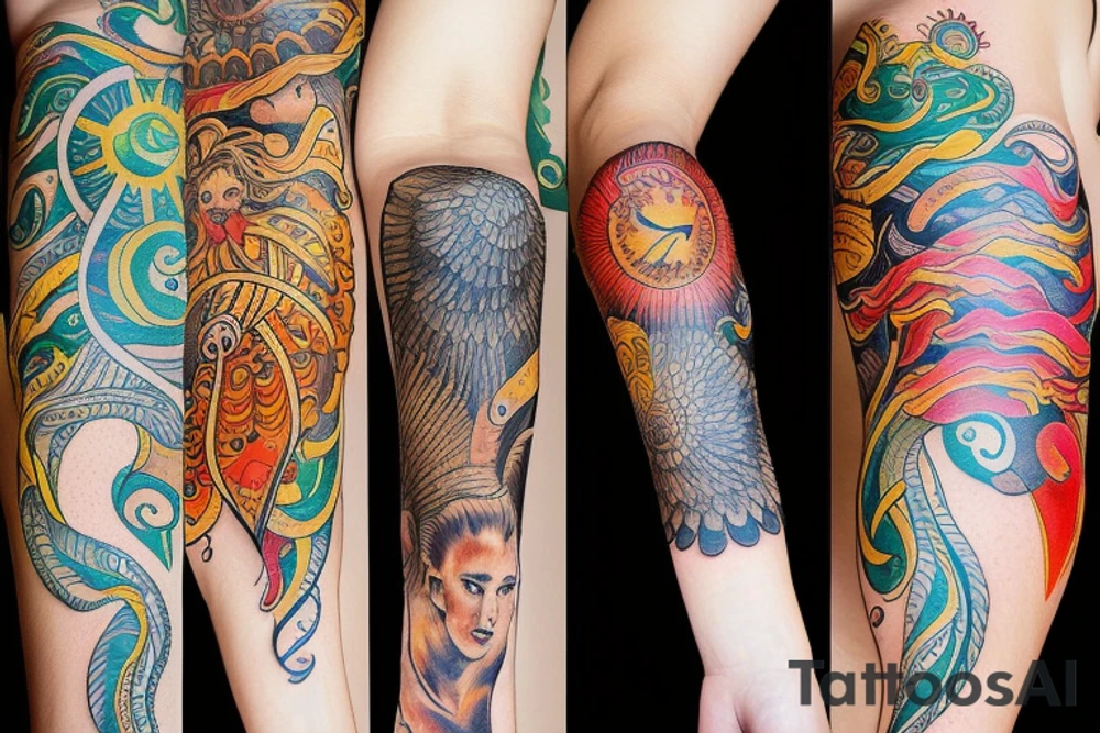 Slavic land soil sun water wind fire sleeve tattoo idea