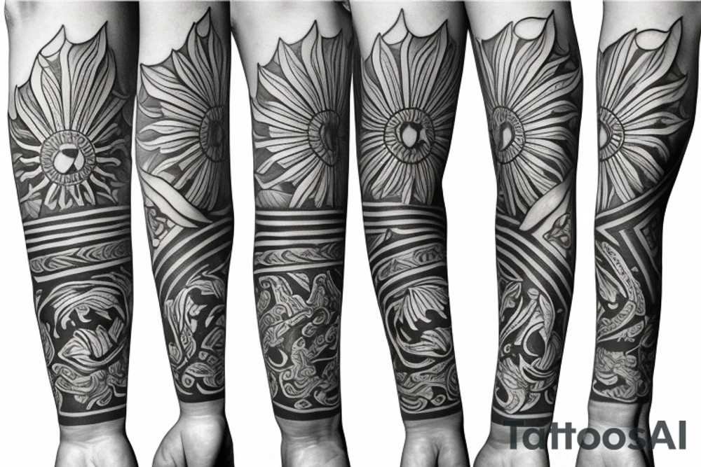 Slavic land soil sun water wind fire sleeve tattoo idea