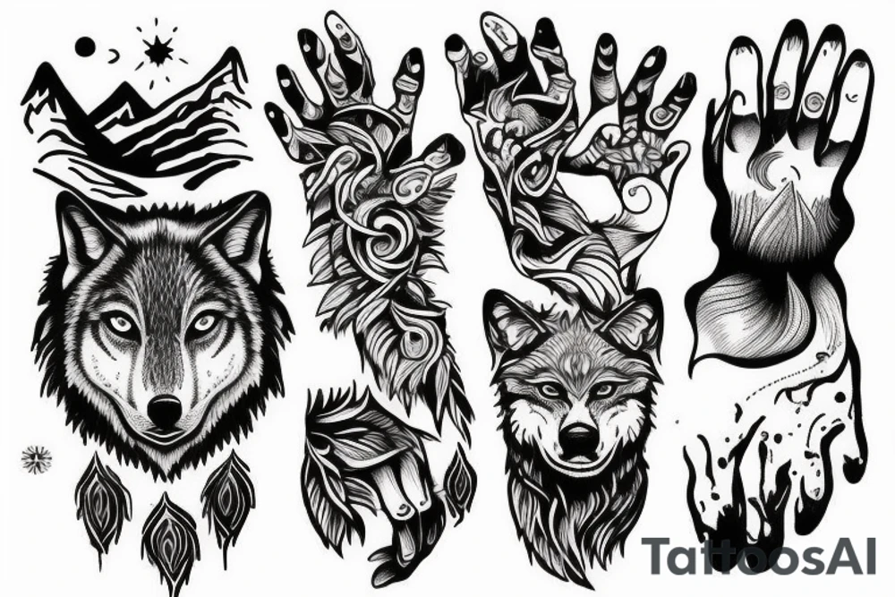 Wolf forest and mountain hand tattoo idea