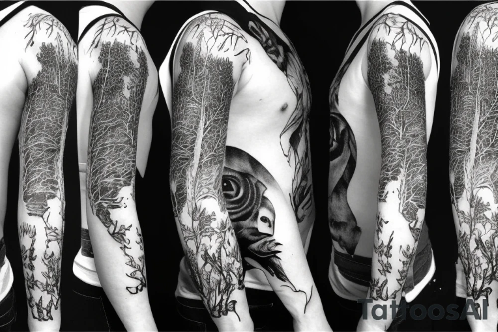 Forest with animal style sleeve tattoo idea
