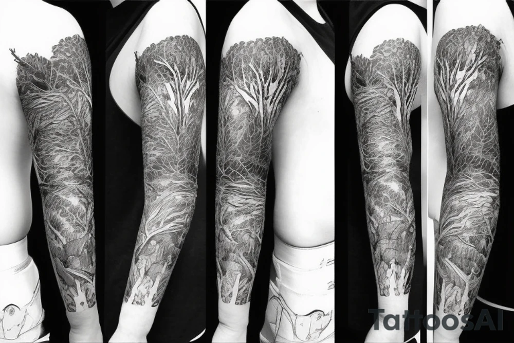Forest with animal style sleeve tattoo idea