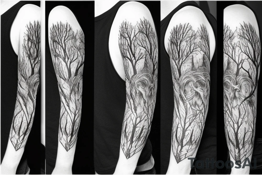 Forest with wolfes style sleeve tattoo idea