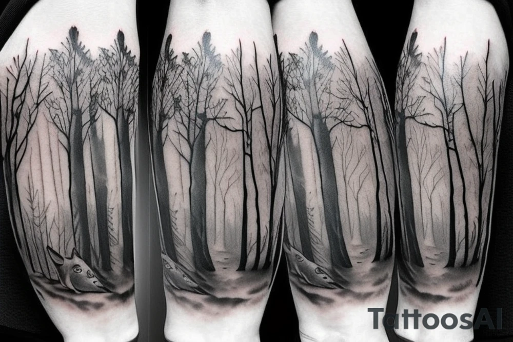Forest with wolves style sleeve tattoo idea