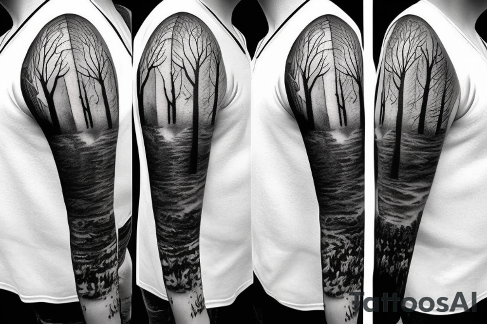 Forest with wolves style sleeve tattoo idea