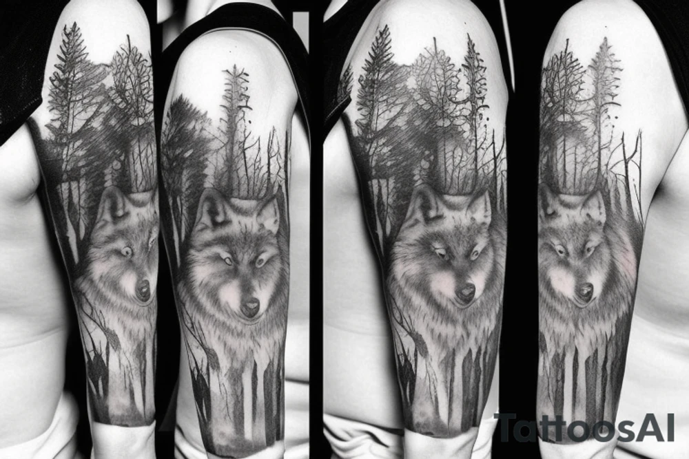 Forest with wolves style sleeve tattoo idea