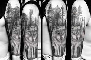 Forest with wolves style sleeve tattoo idea