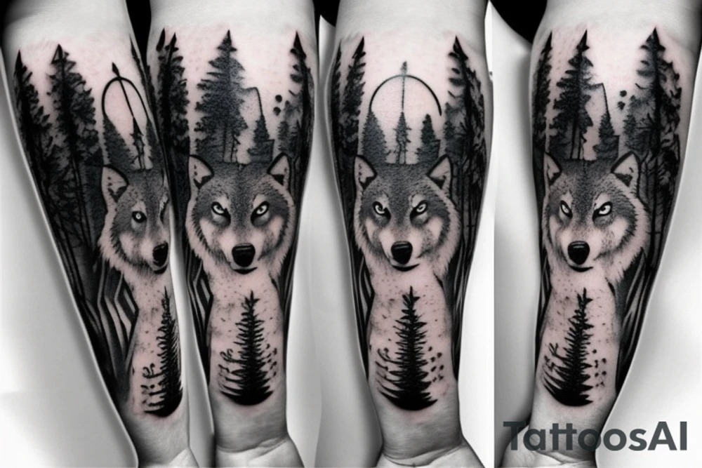 Forest with wolves style sleeve tattoo idea