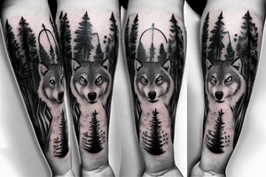 Forest with wolves style sleeve tattoo idea