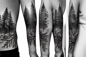 Forest with wolves style sleeve tattoo idea