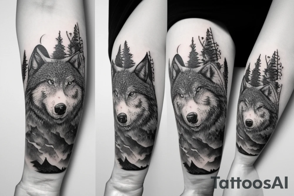 Bottom of the hand forest with a wolf and on top of the mountain with a bear tattoo idea