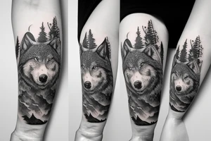 Bottom of the hand forest with a wolf and on top of the mountain with a bear tattoo idea